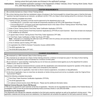 Form TPT 575A. Class A Driver Training School Third-Party Application Checklist - Virginia