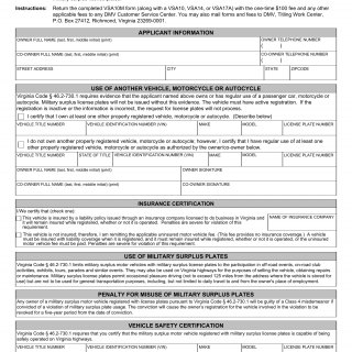 Form VSA 10M. Military Surplus License Plate Applicant Certification - Virginia