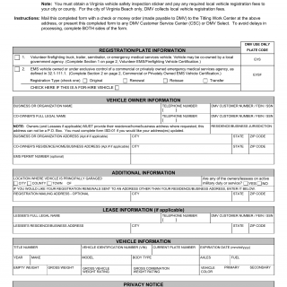 Form VSA 125. Application for License Plates and Vehicle Registration for an Emergency Vehicle - Virginia