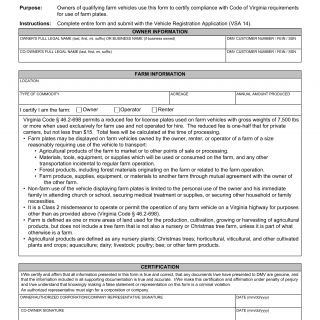 Form VSA 131. Farm Vehicle Plate Certification - Virginia