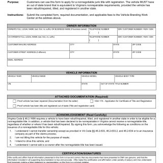 Form VSA 140. Acknowledgement Non-Negotiable Junk Title Not for Resale - Virginia