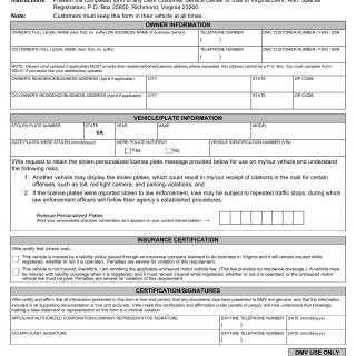 Form VSA 160. Request to Retain Stolen License Plates - Virginia