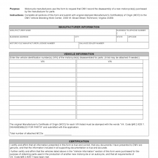 Form VSA 38. Request to Record Motorcycle Disassembled for Parts - Virginia
