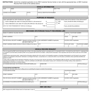 Form VSA 41A. Mechanics Or Storage Lien Vehicle Transcript Request Application - Virginia