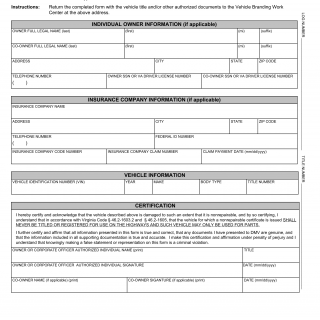 Form VSA 57. Non-Repairable Certificate, Application for - Virginia
