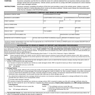 Form VSA 58. Notification of Owner Retained Late Model and/or Water Damaged Vehicle - Virginia
