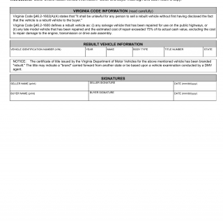 Form VSA 59. Rebuilt Salvage Vehicle Disclosure Statement - Virginia