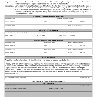 Form VSA 98. Repossession of Vehicle Titled Out-of-State - Virginia