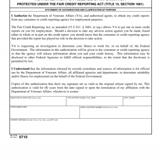 VA Form 0710. Authorization for Release of Information Protected under the Fair Credit Reporting Act