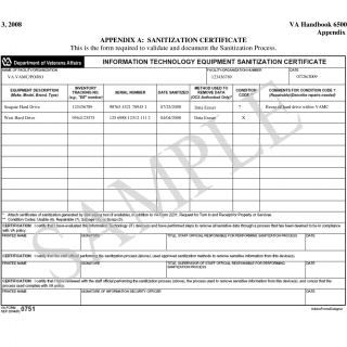 VA Form 0751. Information Technology Equipment Sanitization Certificate(Sample)