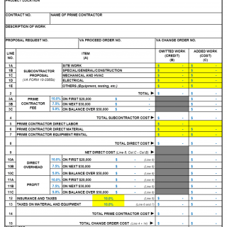 VA Form 08-3385a. Construction Change Order Cost Summary (Prime Contractor)