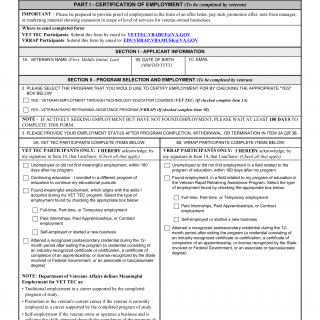 VA Form 22-10201. VET TEC Employment Certification Form