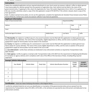 Form VTR-119. Application for General Issue License Plates for Exempt Vehicle - Texas