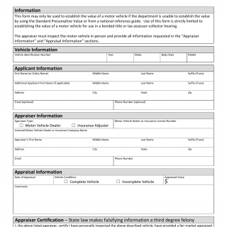 Form VTR-125. Motor Vehicle Appraisal for Tax Collector Hearing / Bonded Title - Texas