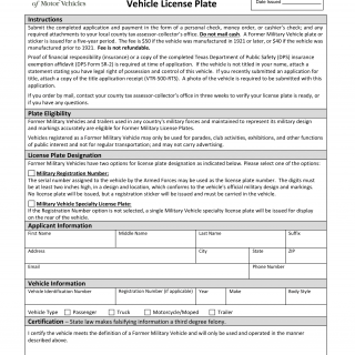 Form VTR-135. Application for Former Military Vehicle License Plate - Texas