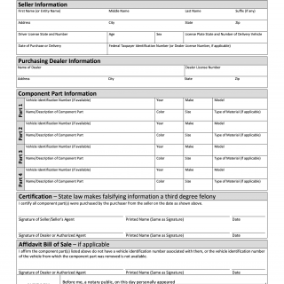 Form VTR-207. Inventory of Component Parts Purchased/Affidavit Bill of Sale