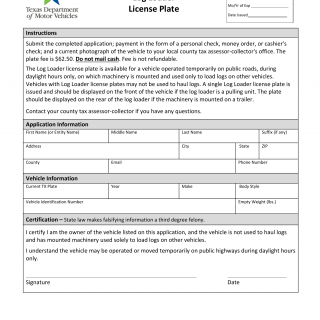 Form VTR-209. Application for Log Loader License Plate - Texas