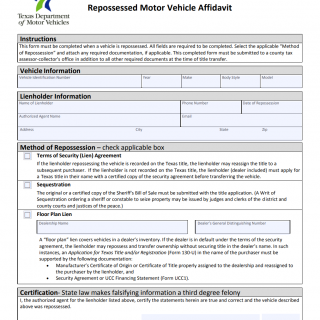 Form VTR-264. Repossessed Motor Vehicle Affidavit