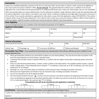 Form VTR-310. Application for Professional Firefighter License Plates - Texas