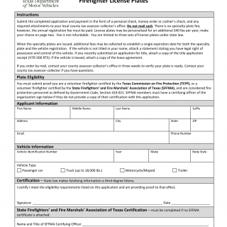 Form VTR-311. Application for Certified Firefighter License Plates - Texas