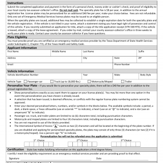 Form VTR-312. Application for Emergency Medical Services License Plates - Texas