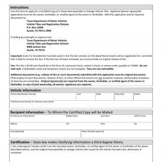 Form VTR-34-S. Application for a Certified Copy of a Texas Nonrepairable or Salvage Vehicle Title - Texas