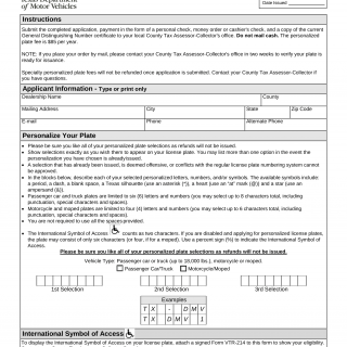 Form VTR-35. Application for Dealer Personalized License Plates - Texas