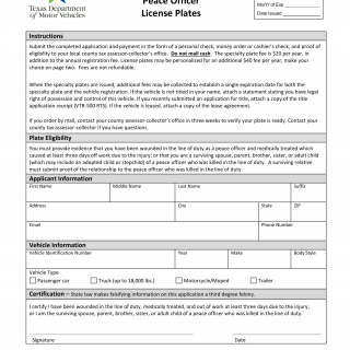 Form VTR-406. Application for Peace Officer License Plates - Texas