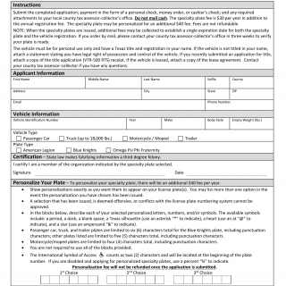Form VTR-415. Application for Organizational Membership License Plates - Texas