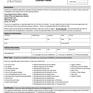 Form VTR-421. Application for Military Meritorious Service License Plates