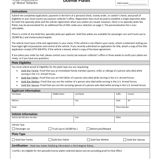 Form VTR-423. Application for Gold Star License Plates - Texas