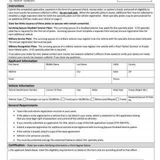 Form VTR-425. Application for Surviving Spouse of a Veteran License Plates