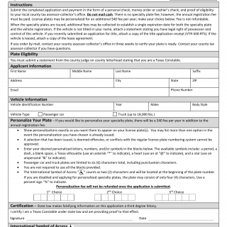 Form VTR-426. Application for Texas Constable License Plates - Texas