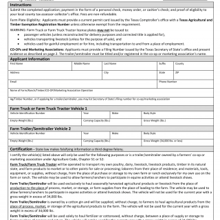 Form VTR-52-A. Application for Farm License Plate - Texas