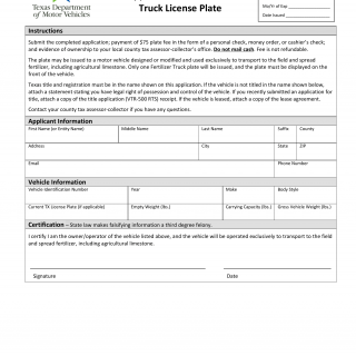 Form VTR-52-F. Application for Fertilizer Truck License Plate - Texas