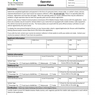 Form VTR-53. Application for Mobile Amateur Radio Operator License Plates - Texas