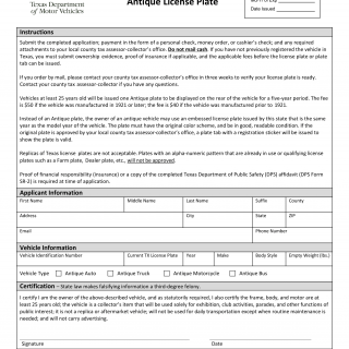 Form VTR-54. Application for Antique License Plate - Texas