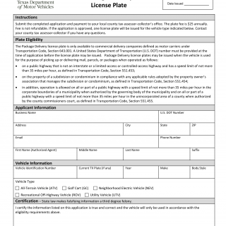 Form VTR-55. Application for Package Delivery License Plate - Texas