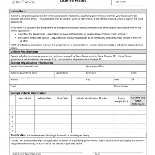 Form VTR-62-A. Application for Standard Texas Exempt License Plates - Texas