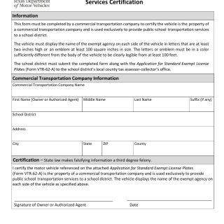 Form VTR-62-BUS. Public School Transportation Services Certification - Texas