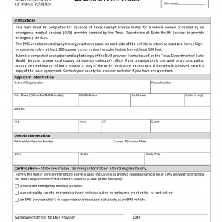 Form VTR-62-EMS. Application for Exempt Registration for an Emergency Medical Services Vehicle - Texas