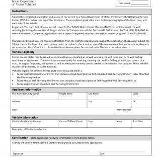 Form VTR-67. Application for Permit License Plates - Texas