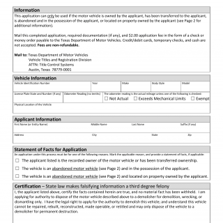 Form VTR-71-2. Application for Authority to Dispose of a Motor Vehicle to a Demolisher - Texas