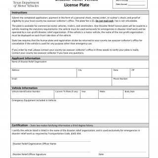 Form VTR-76. Application for Disaster Relief Vehicle License Plates - Texas