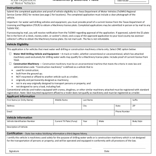 Form VTR-77. Application for Water Well Drilling or Construction Machinery License Plate - Texas