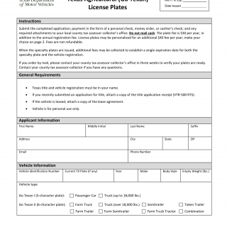 Form VTR-810. Application for Texas Agricultural  License Plates - Texas