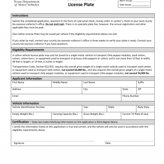 Form VTR-815. Application for Cotton Vehicle License Plate - Texas