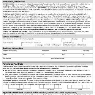 Form VTR-852. ASE Safety Inspection and Application for Custom Vehicle or Street Rod License Plates