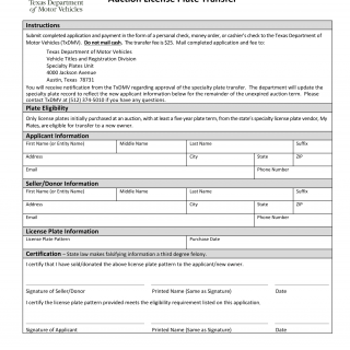 Form VTR-900. Application for Auction License Plate Transfer - Texas