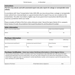 Form VTR-901-A. Annual Purchaser's Certification of Export-Only Sale - Texas